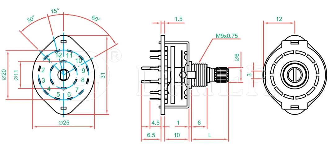 0.5A 125VAC Metal 2/3/4/6/12 Position Selector PCB Rotary Switch